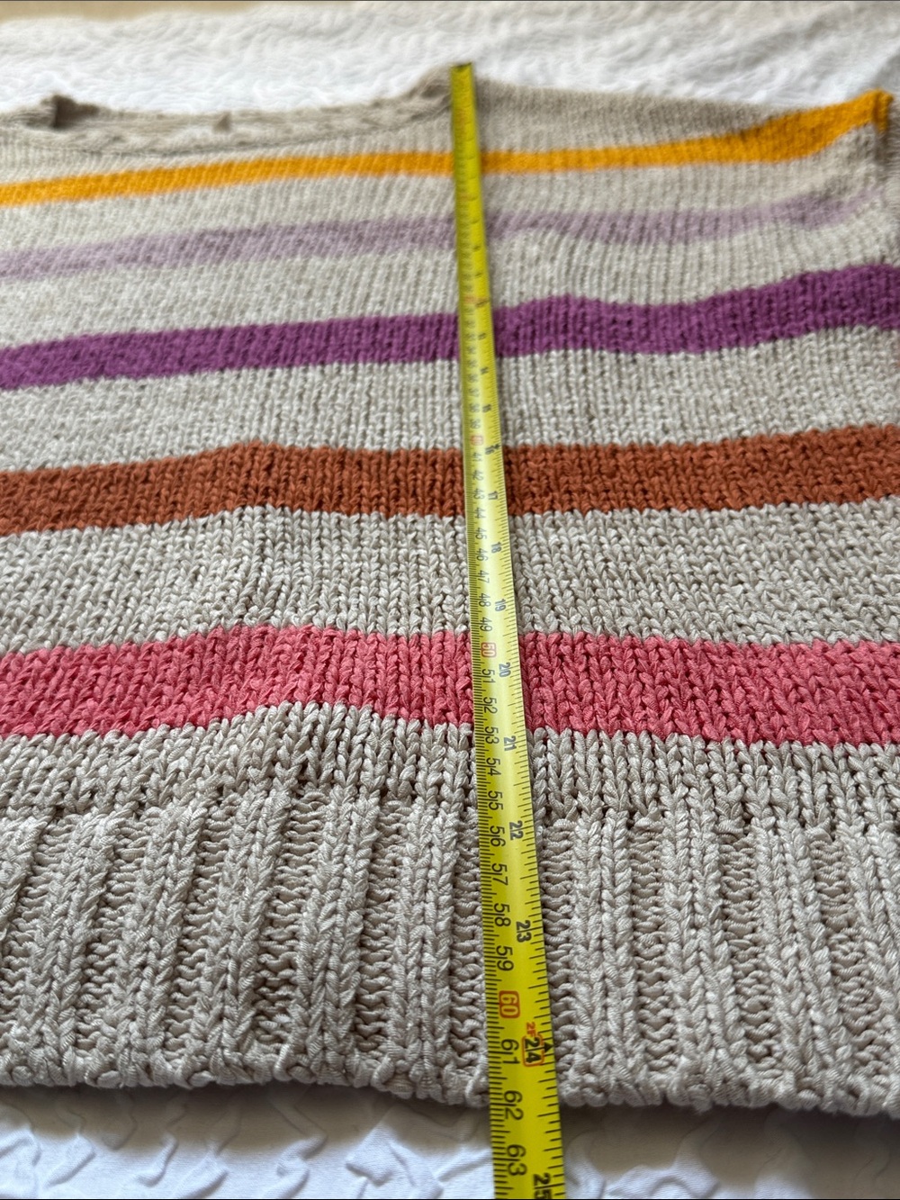 LOFT Neutral Crewneck Sweater with Mustard, Lavender & Pink Stripes - Picture 3 of 7